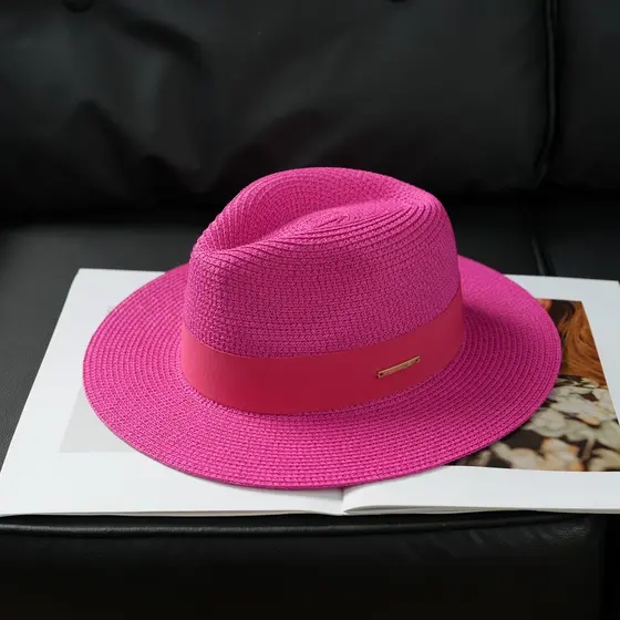 Exportado para a França Chapéu de palha panamá vermelho rosa unissex Cartola Jazz Chapéu de palha Anti-ultravioleta dobr