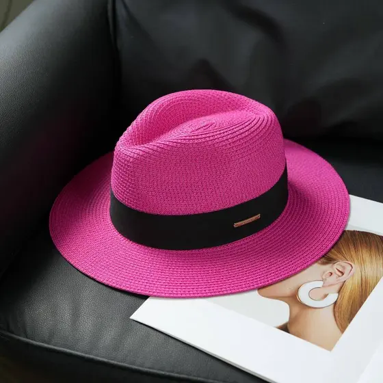 Exportado para Paris Fashion Premium Rosa Vermelho Panamá Chapéu de Palha Unissex Cartola Jazz Chapéu de Sol Casual