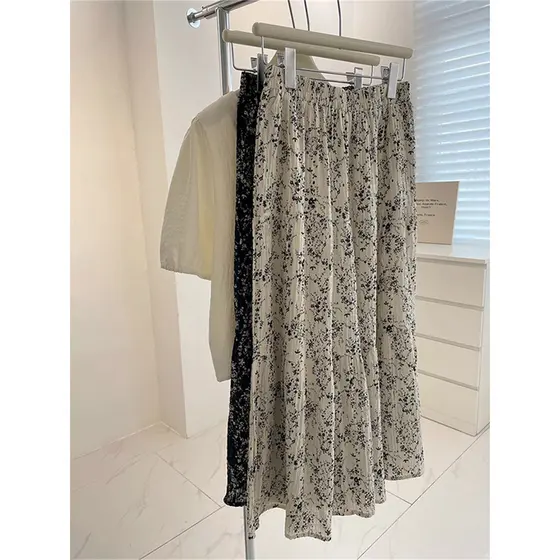Elegante Retro Floral saia feminina verão cintura elástica mais magro olhar plissado a linha saia de comprimento médio g