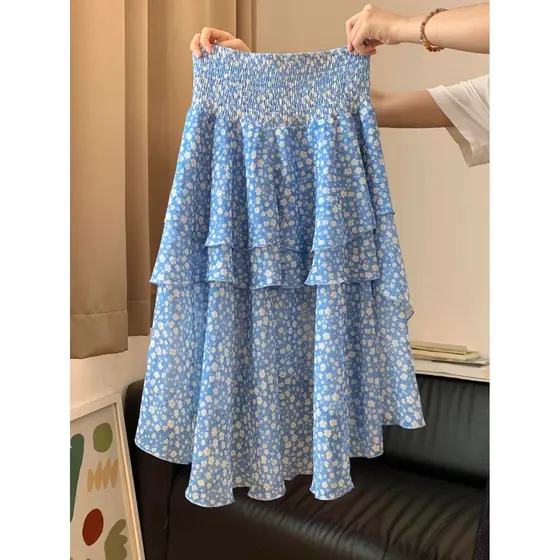 Azul Floral A linha saia feminina verão estilo coreano Irregular All-Match mais magro olhar cintura elástica bolo fofo m