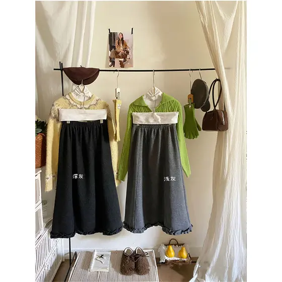 W inverno 2026 estilos forro de lã cinza preto babados saia evasê moda moderna saia texturizada saia de comprimento médi