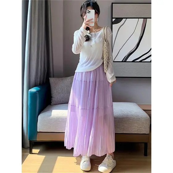 Roxo cintura alta saia plissada feminina primavera verão 2026 fino novo estilo versão coreana solta a linha grande balan