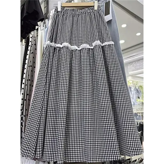 Retro arte preto xadrez saia feminina primavera verão novo estilo cintura alta oco renda a linha de comprimento médio gr