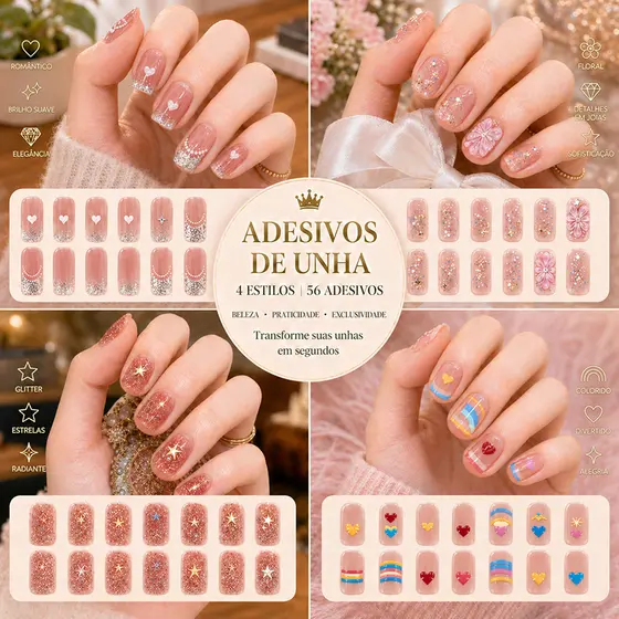 Adesivo de Unha em Gel 4 Estilos 56 Adesivos Rosa Coração e Glitter Fácil Aplicação