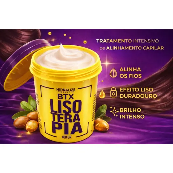 BTX Lisoterapia Hidralise 400g Alinhamento Capilar Reduz Volume Anti Frizz Brilho Intenso