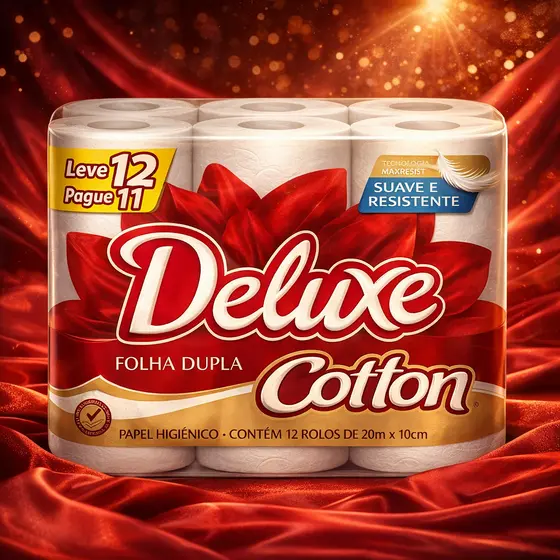 Papel Higiênico Deluxe Cotton Folha Dupla 12 Rolos Leve 12 Pague 11 Suave e Resistente MaxResist