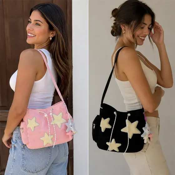 Bolsa Tote Grande Com PadrãO De Estrela Simples, Bolsa De Ombro Com CordãO De Veludo, Sacola Fofa De Lona