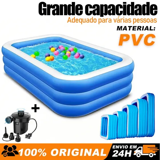 Piscina inflável Retangular PVC Azul Familiar Resistente 150 cm a 305 cm Infantil e Adulto