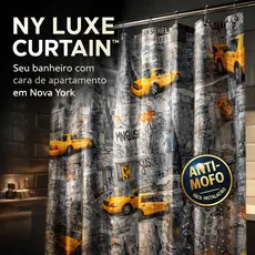 Cortina Box Banheiro NY Luxe Curtain Impermeável Anti Mofo Com Ganchos Decoração Moderna Nova York