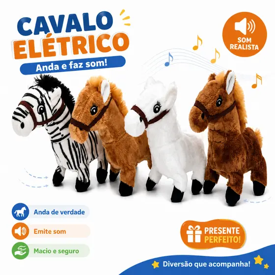 Cavalo Que Anda e Emite Som de Pelúcia Olhos Bordados Brinquedo Infantil Interativo Pelúcia Macia Cavalinho