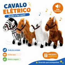 Cavalo Que Anda e Emite Som de Pelúcia Olhos Bordados Brinquedo Infantil Interativo Pelúcia Macia Cavalinho