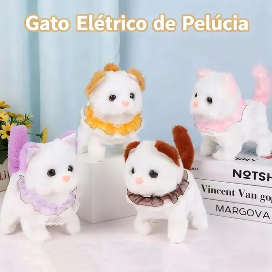 Gato de Pelúcia Interativo Realista, Anda, Mia e Mexe a Cabeça, Brinquedo Macio com Opção de Pilhas Inclusas