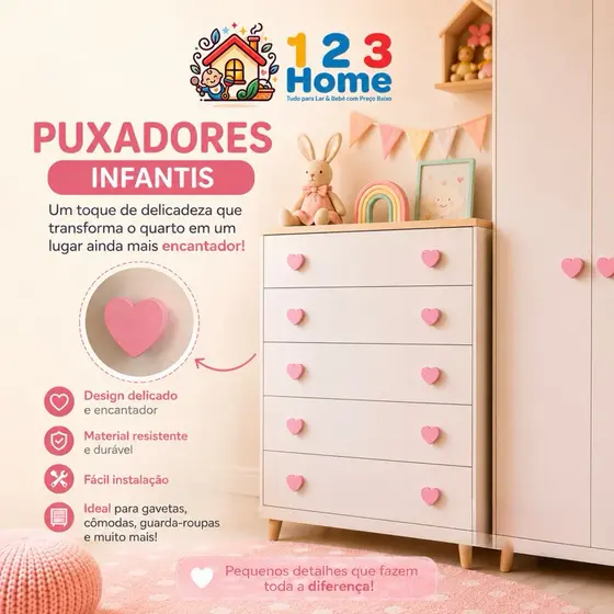 Kit 10 Puxadores Decorativos Infantis+Ganchos Cabideiro de Parede | Estrela/Nuvem/Coração/Borboleta