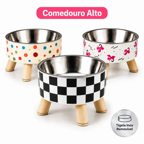 Comedouro Alto para Cães e Gatos com Tigela Inox Removível Antiderrapante Ergonômico Cores Sortidas