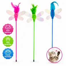 Varinha Borboleta Shine para Gatos com Penas Brinquedo Interativo Anti Estresse Cores Sortidas