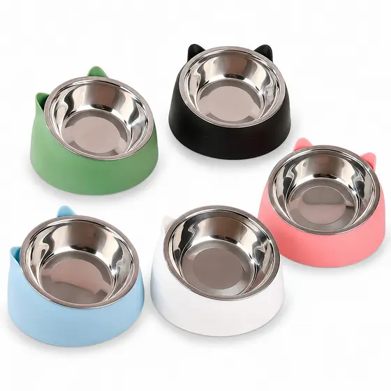 Comedouro Inclinado para Gatos com Pote Inox Removível Carinha de Gato