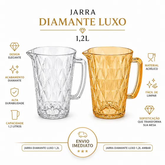 Jarra Diamante Luxo 1200ML Acrilico Agua Suco Mesa Posta Servir Transparente Ambar Envio Imediato