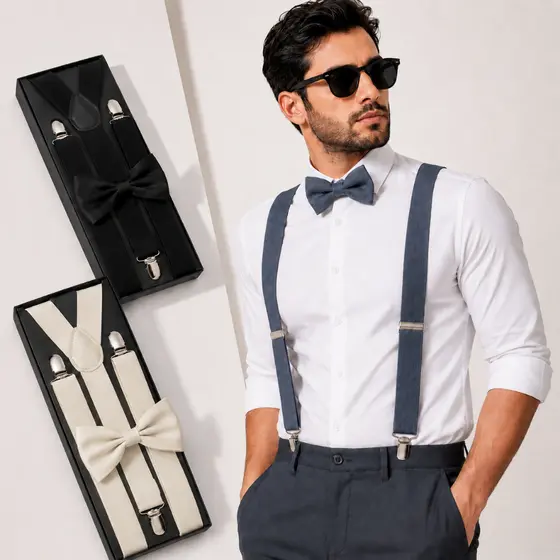 Suspensório Masculino Adulto Com Gravata Borboleta Ajustável Social Presilhas Casamento Festa Formatura Preto Champagne