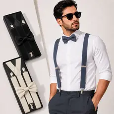 Suspensório Masculino Adulto Com Gravata Borboleta Ajustável Social Presilhas Casamento Festa Formatura Preto Champagne