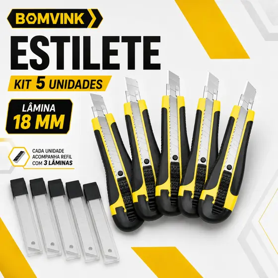 Kit até 05 Estilete + Refil de Lâminas Profissional Emborrachado Atacado Lâmina Extra Canivete Premium