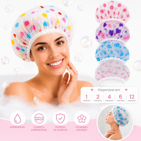 Touca de Banho Até 12 Unidades Impermeável com Elástico Hidratação Tintura Cabelo Estampas Sortidas