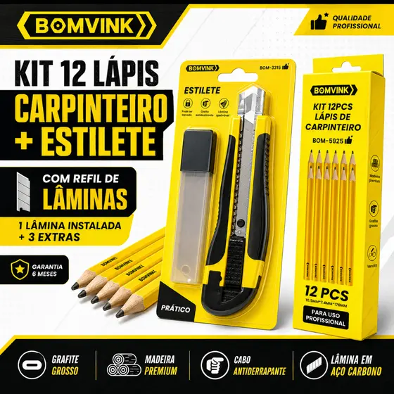 Kit 12 Lápis de Marceneiro + Estilete com Refil de Lâminas Profissional Madeira Carpinteiro Construção Marcação Pedreiro