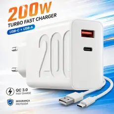 Carregador Turbo 200W USB-C + USB-A QC 3.0 Power Delivery Compatível Xiaomi – Super Rápido