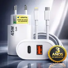 Carregador Turbo 45w Rápido Usb-c Branco Compatível Com iPhone 7, 8, X, Xr, Xs, 11, 12, 13 E 14
