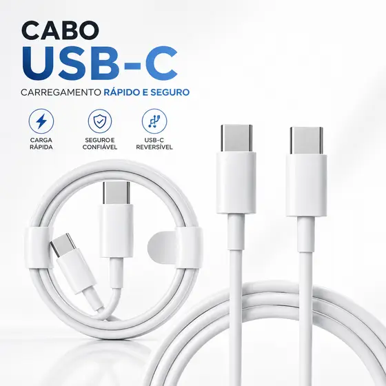 Cabo USB-C para USB-C 60W Ultra Rápido Compatível com iPhone 15 16 17 e Android