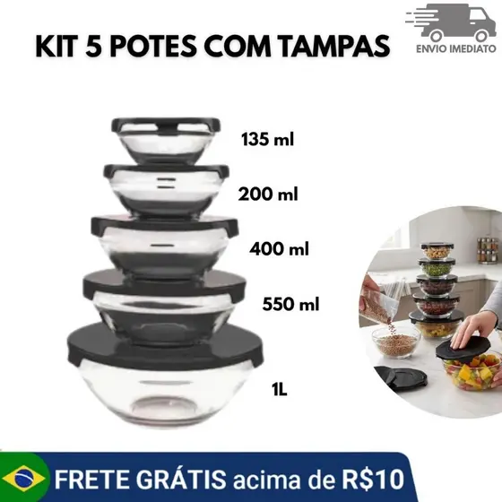 Kit Potes com Tampa Vidro p/ Armazenar Alimentos p/ Cozinha Casa Organização