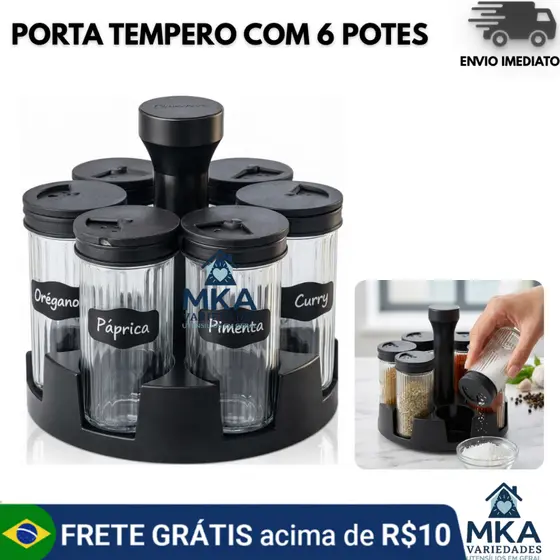Porta Condimento 6 Potes Organizador de Temperos para Cozinha Ideal para Casa e Restaurante