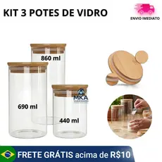 Kit 3 Potes de Vidro com Tampa de Bambu Hermético para Armazenar Alimentos Ideal Cozinha Casa