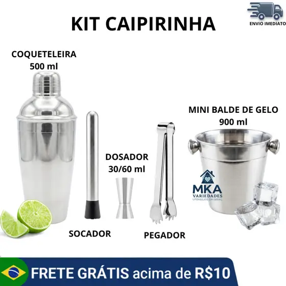 Kit Caipirinha Completo Inox 500ml + Balde Gelo, para preparar drinks, ideal para iniciantes e bares em casa e festas