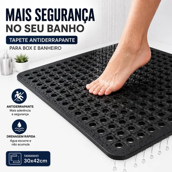 Tapete Antiderrapante De Borracha Drenante para Box Banheiro 42cm x 30cm Preto Conforto Segurança