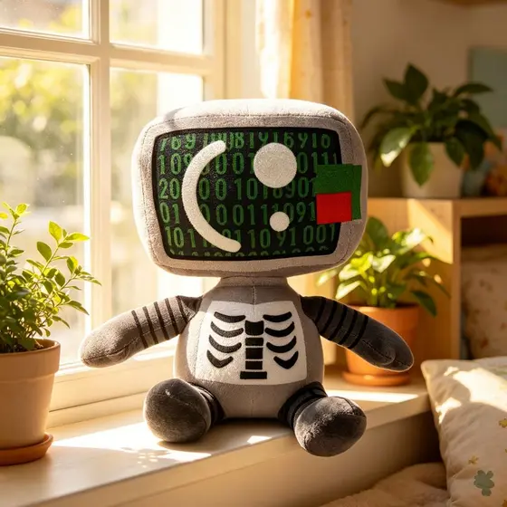 Brinquedo de pelúcia artístico em forma de caveira de robô, com design retrô de computador e TV, da marca QURC.