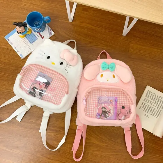 Mochila transparente macia e fofa de estilo japonês com design de coelho de pelúcia, bolsa escolar casual de armazenamen