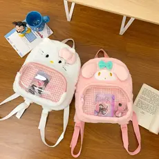 Mochila transparente macia e fofa de estilo japonês com design de coelho de pelúcia, bolsa escolar casual de armazenamen