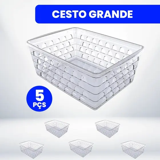 Kit com 5 Cestos Organizadores Multiuso 24x17x7,5cm Grande Transparente