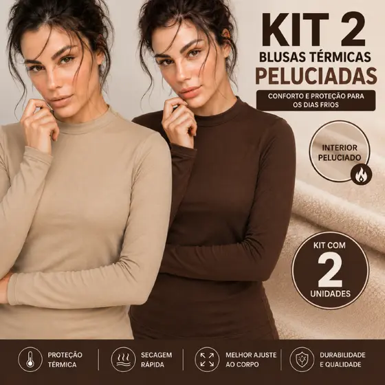 Kit 2 Blusa Térmica Feminina Peluciada Inverno Segunda Pele Suplex Gola Média Cacharrel