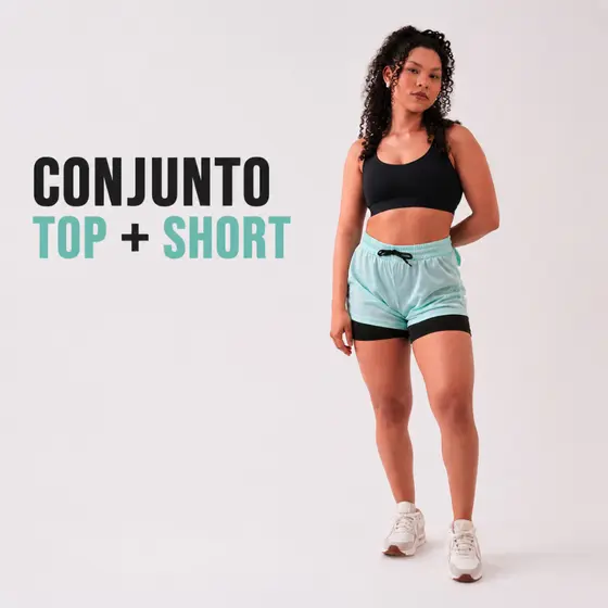 Conjunto de Academia Feminino Top Regata Short Duplo Corrida 2 em 1 Bolso Celular Caminhada Dry Fit