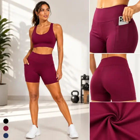 Short Legging Academia Feminino Fitness Cintura Alta Bolso Lateral Sem Transparência Bermuda Suplex