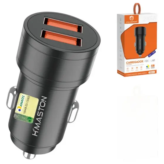 H'MASTON - CARREGADOR VEICULAR 4.8 DUPLO, DUAS ENTRADAS USB + CABO TIPO V8 ou CABO IOS