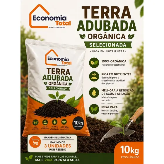 Terra Vegetal Adubada 10kg Rico Nutrientes Plantio/ Jardim/ Horta/ Vasos/ Substrato Solo Fértil Adubada Orgânica