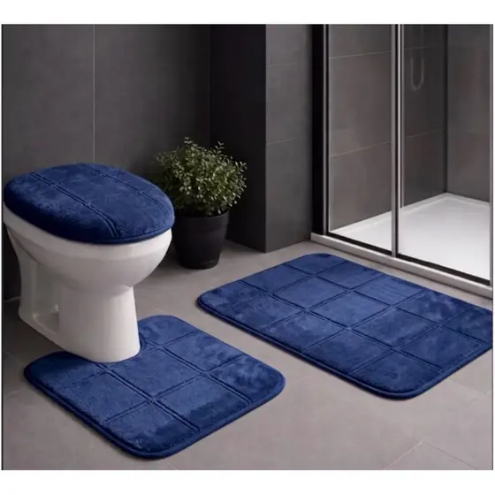 Kit Jogo de Banheiro Premium 3 Peças - Antiderrapante Macio Tapete + Vaso + Tampa Lavável Resistente