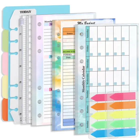 Pacote de acessórios para recarga de caderno de folhas soltas com 6 furos, caderno de planejamento e orçamento, páginas
