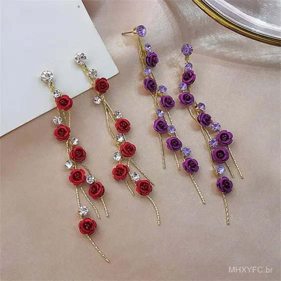 Brincos Longos Rosa com Flores MHXY, Acessórios de Moda com Franjas de Strass, Joias Versáteis para Mulheres J9X1 GSAH