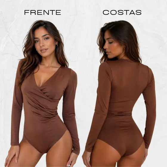 Body Feminino Manga Longa Decote V Transpassado Justo Modelador Elegante Básico Premium Moda Feminina