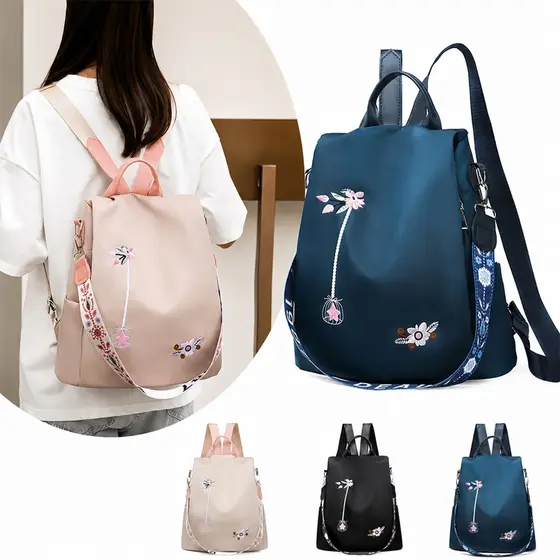 Mochila Feminina Nylon Bolsa De Ombro À Prova D'Água Anti-Roubo Bolsa Bordado Design - M