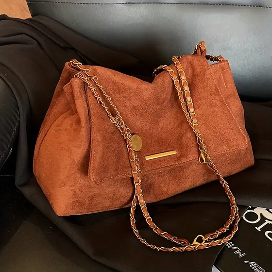 Bolsa de Ombro Feminina Elegante e Espaçosa em Camurça Sintética, Bolsa Transversal com Alça de Corrente e Fecho Magnéti