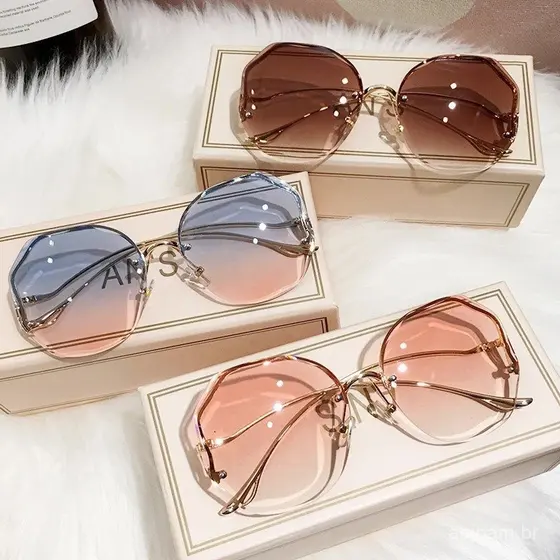 Óculos De Sol Gradiente Feminino UV400 Oceano Corte De Água Lente Aparada Metal Curvo Templos 2025 Moda